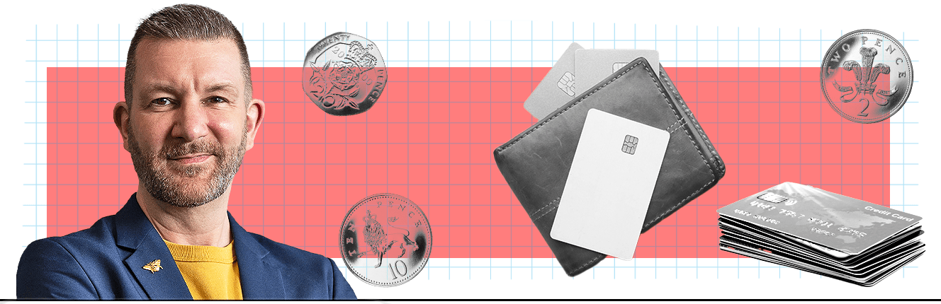 a man is surrounded by coins and a credit card that says gold card